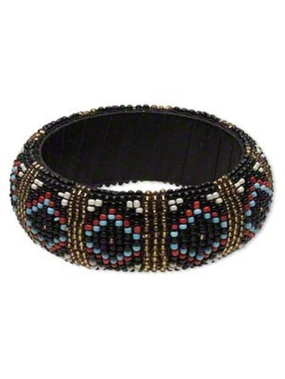 Handcrafted India Beaded Bangle Bracelet Black Gold White Red Blue Pattern